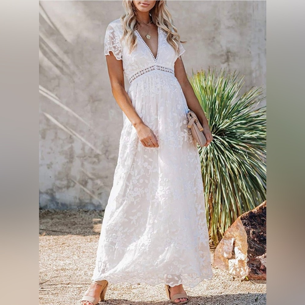 V-Neck White Lace Floral Maxi Dress